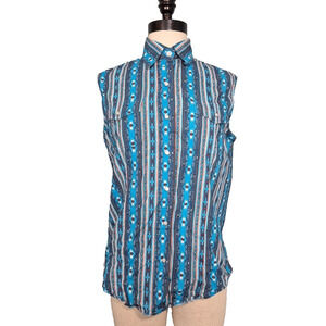 Cowgirl Legend Shirt Womens Medium Blue Sleeveless Rhinestone Snap Western Aztec